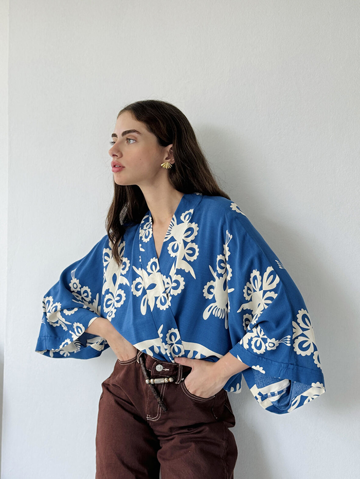 Retrobird Tasarım Bohem Desenli Mini Kimono Kadın Koyu Mavi