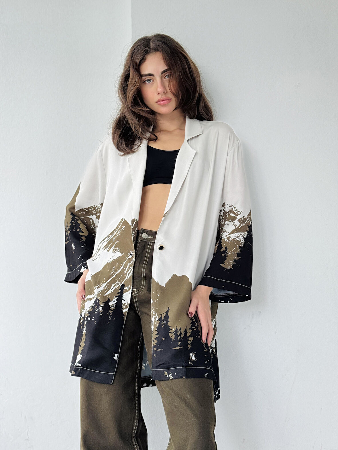 Retrobird Tasarım Dağ Desen Kimono Gömlek Ceket Kadın Açık Gri