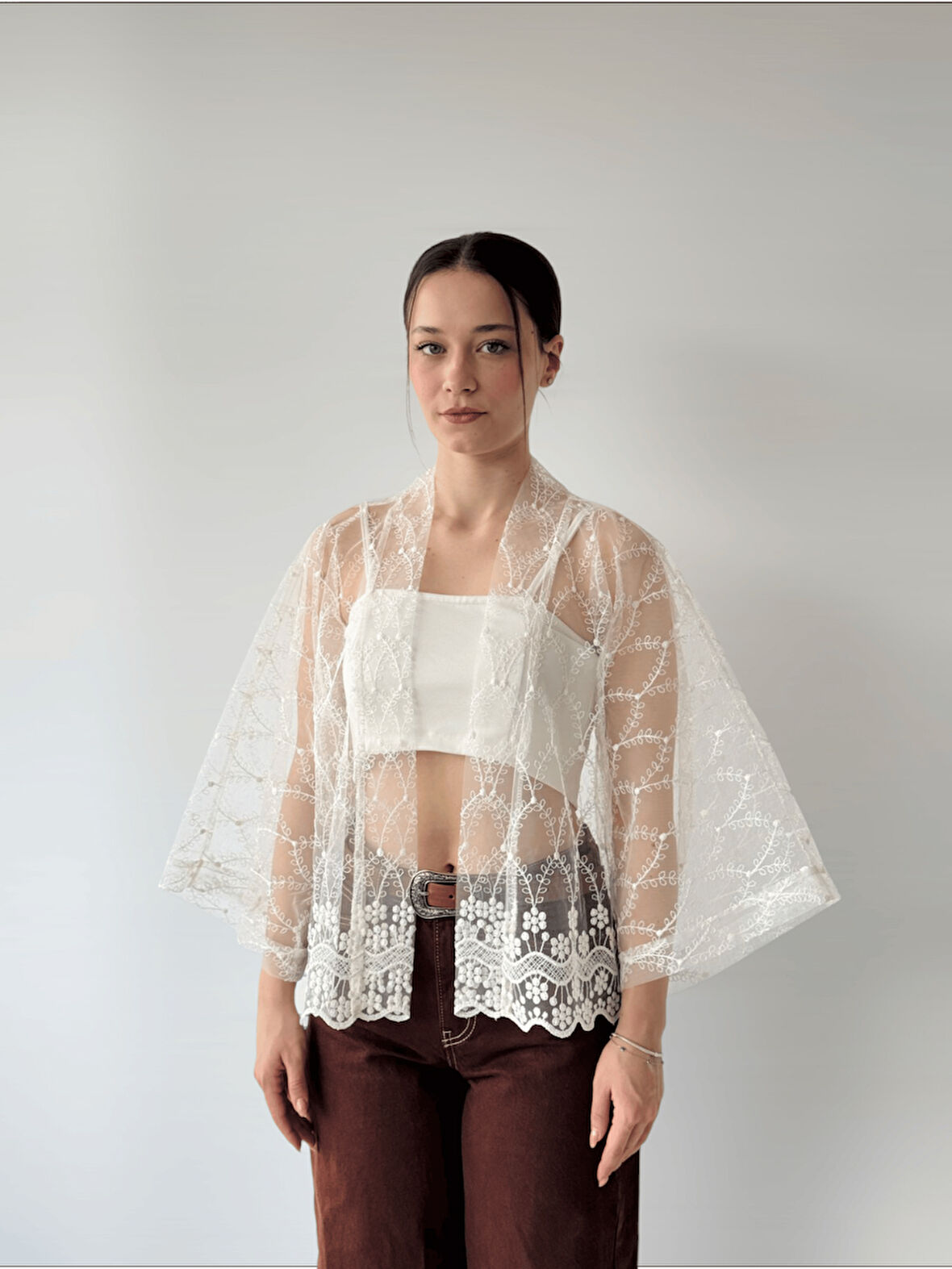 Retrobird Tasarım Tül Mini Kimono Kadın Beyaz