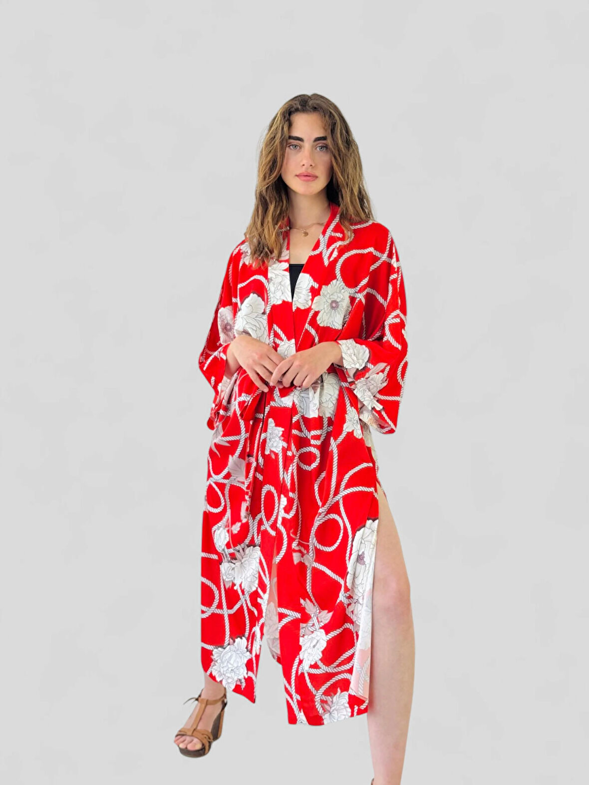 Retrobird Tasarım Desenli Uzun Kimono Kadın Kırmızı