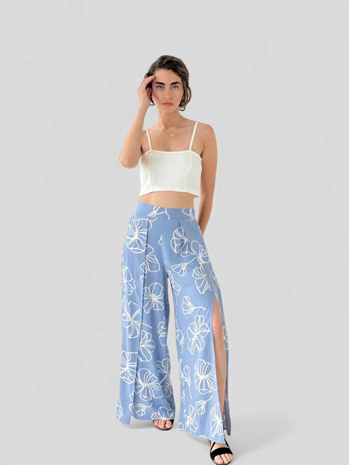 Retrobird YENİ Yırtmaç Detaylı Wide-Leg Pantolon Etek Kadın Kül Mavi
