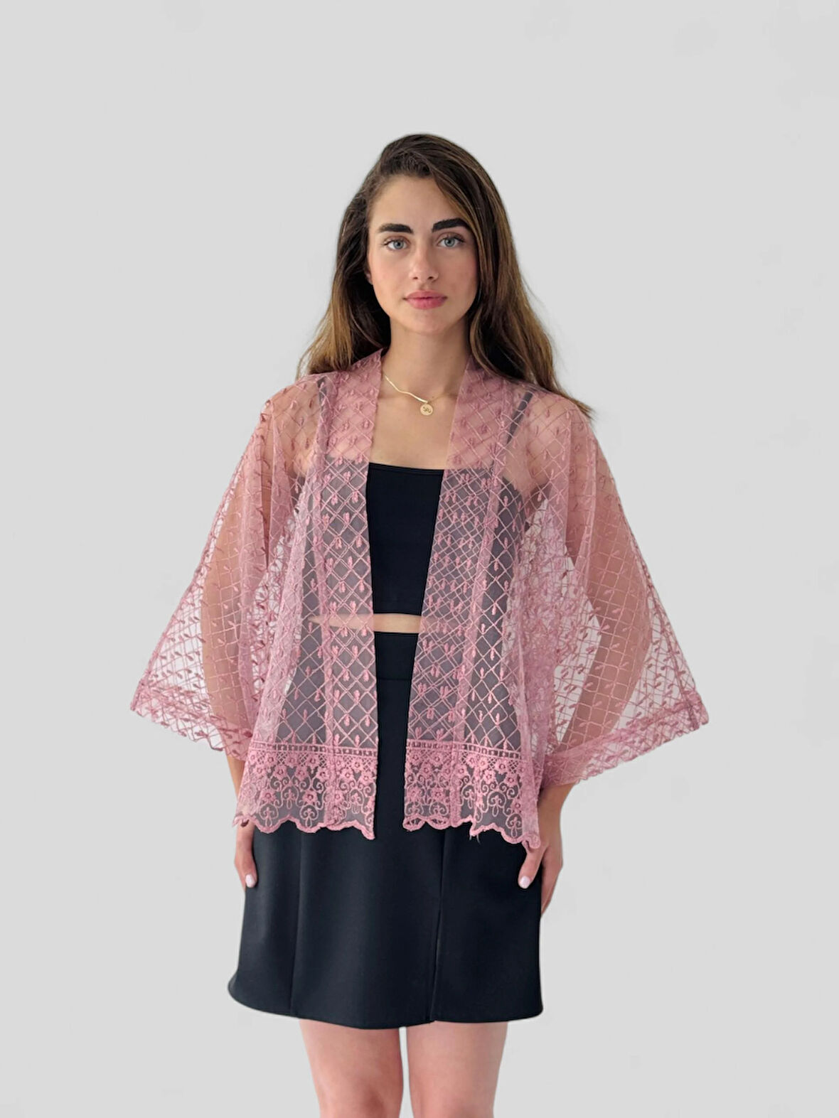 Retrobird Tasarım Tül Mini Kimono Kadın Gül Kurusu