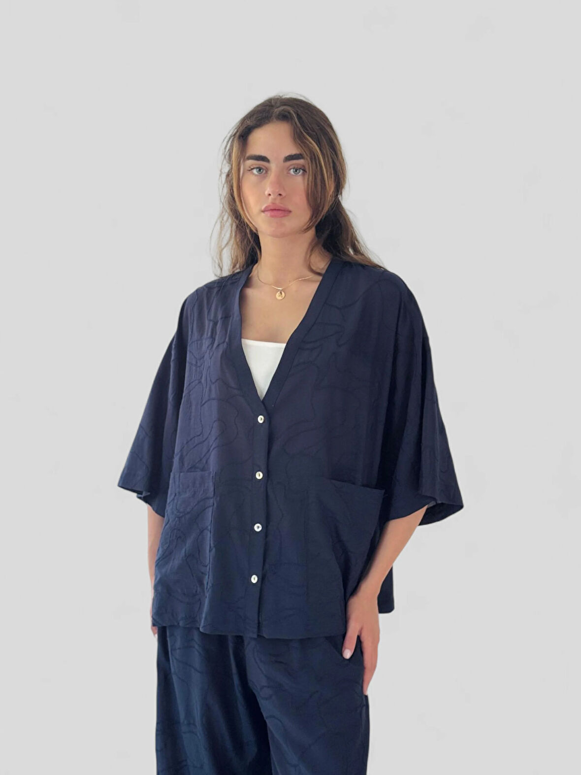 Retrobird Tasarım V Yaka Kimono Gömlek Kadın Koyu Lacivert