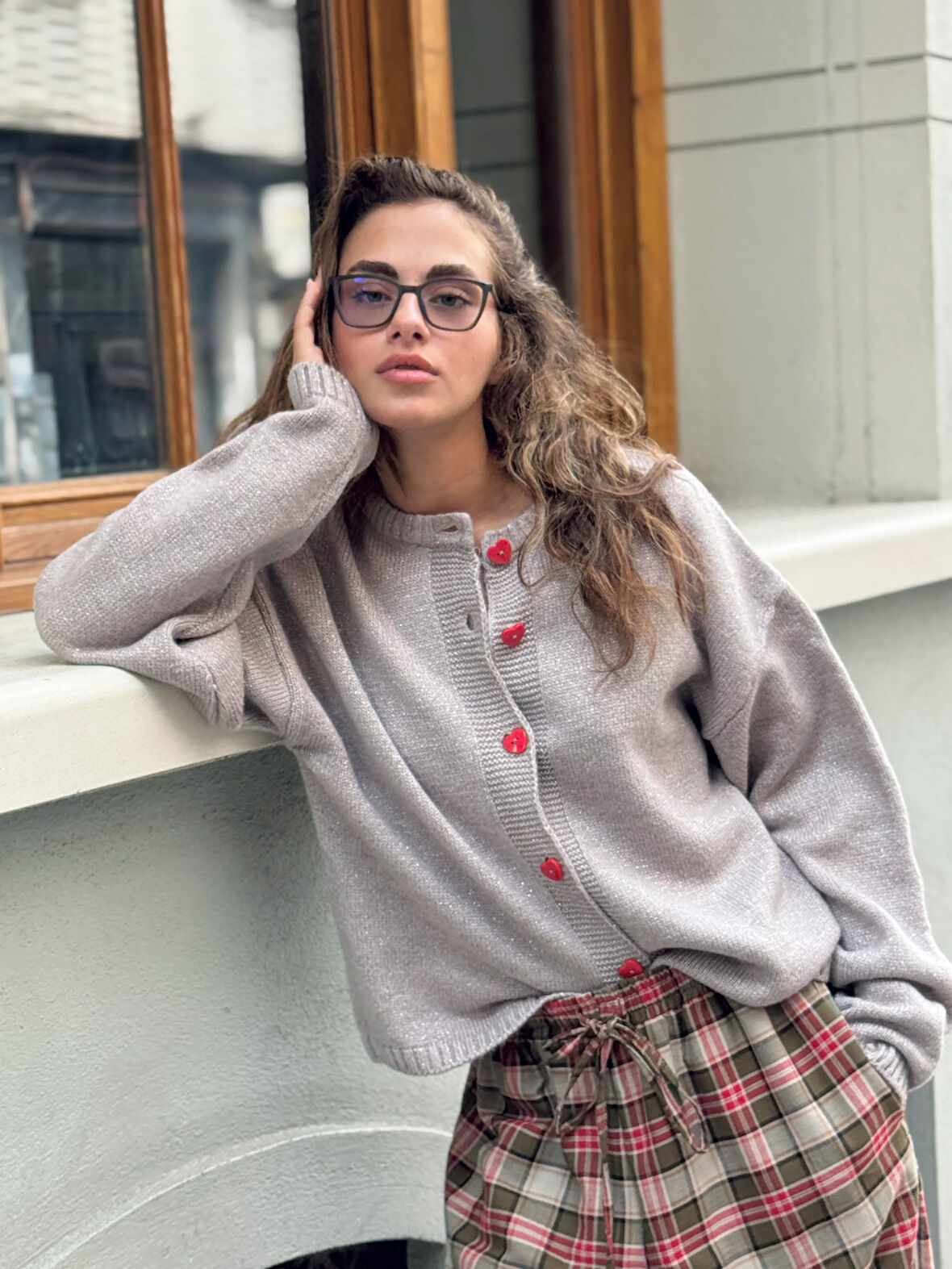 Retrobird Kalp Düğmeli Simli Hırka Kadın Gri