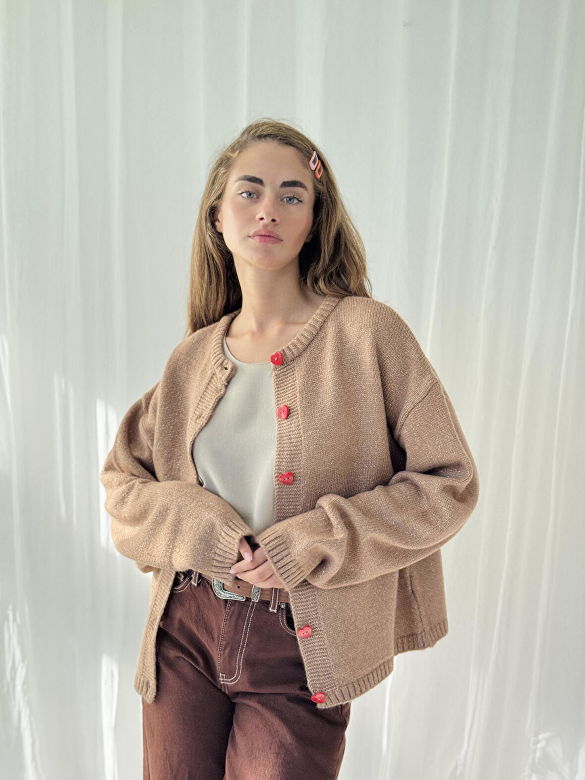 Retrobird Kalp Düğmeli Simli Hırka Kadın Camel