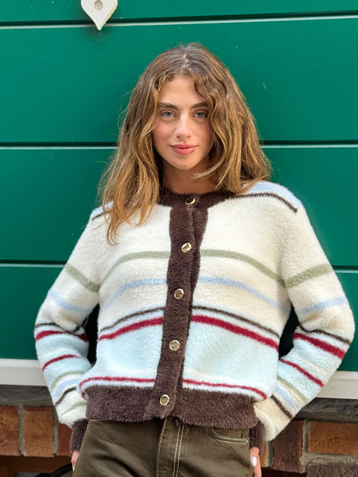 Retrobird Çizgili Cozy Hırka Kadın Kırık Beyaz