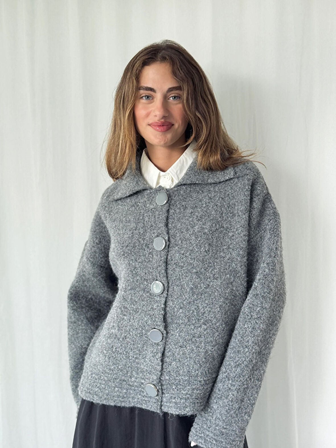 Retrobird Oversize Bürümcük Ceket Hırka Kadın Koyu Gri