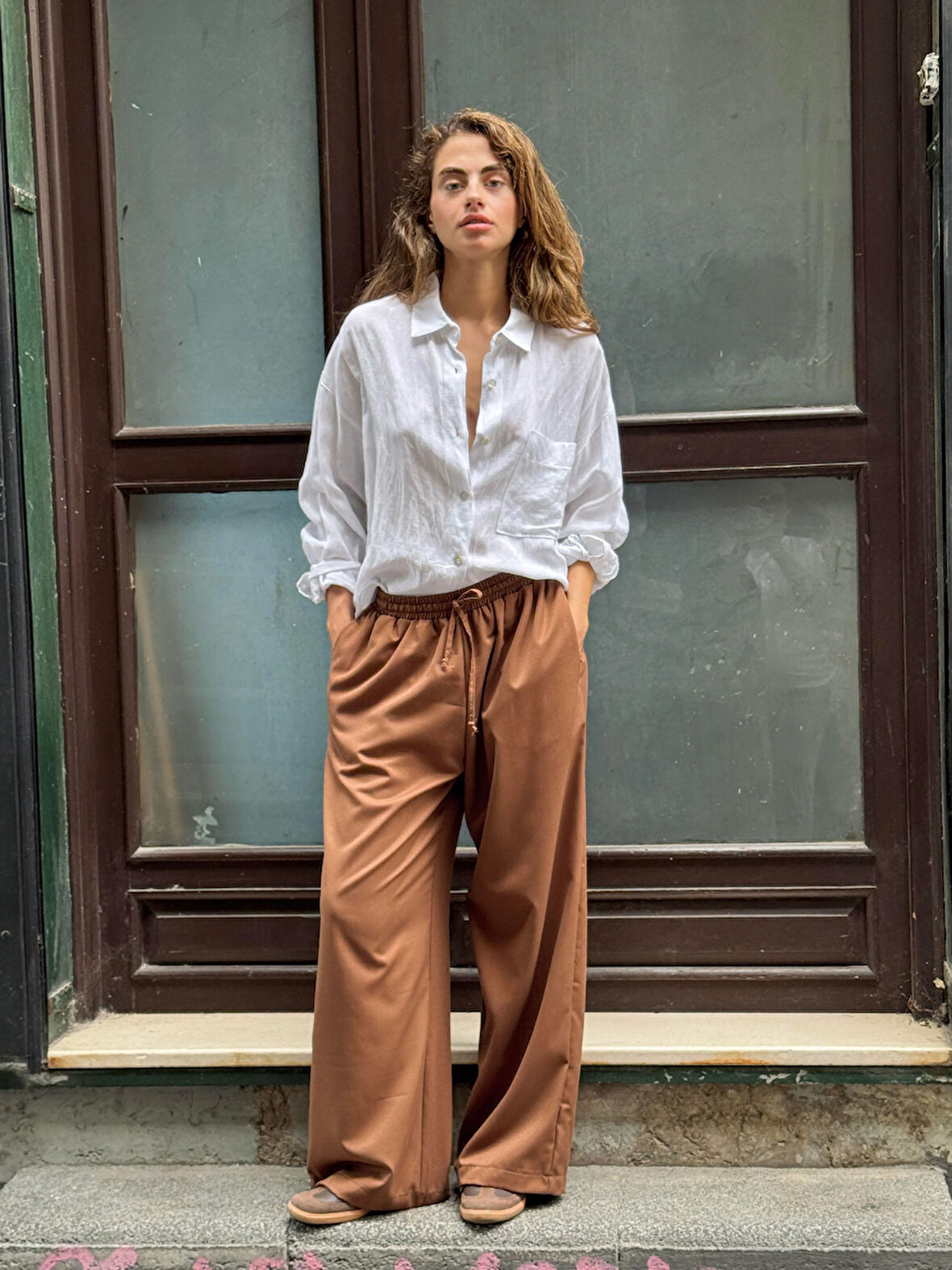 Retrobird Tasarım Bol Kesim Relax Pantolon Kadın Açık Kahve