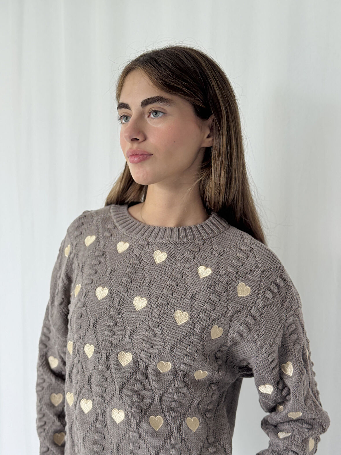 Retrobird Kalp Nakışlı Kısa Triko Kazak  Kadın Kum