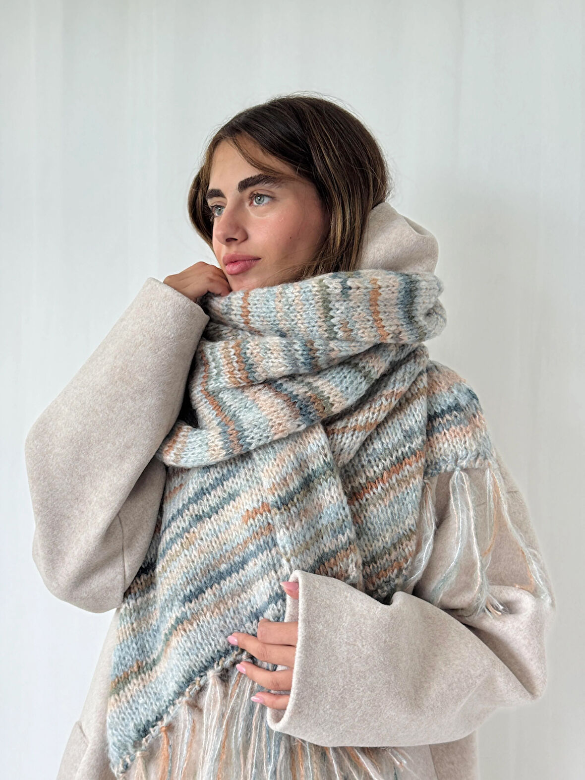 Retrobird Büyük Boy Soft Örgü Atkı Kadın Kül Mavi