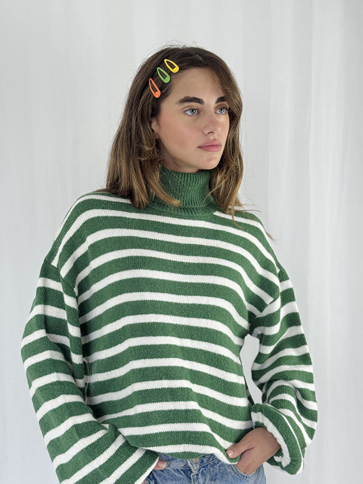 Retrobird Boğazlı Çizgili Kazak Kadın Yeşil 