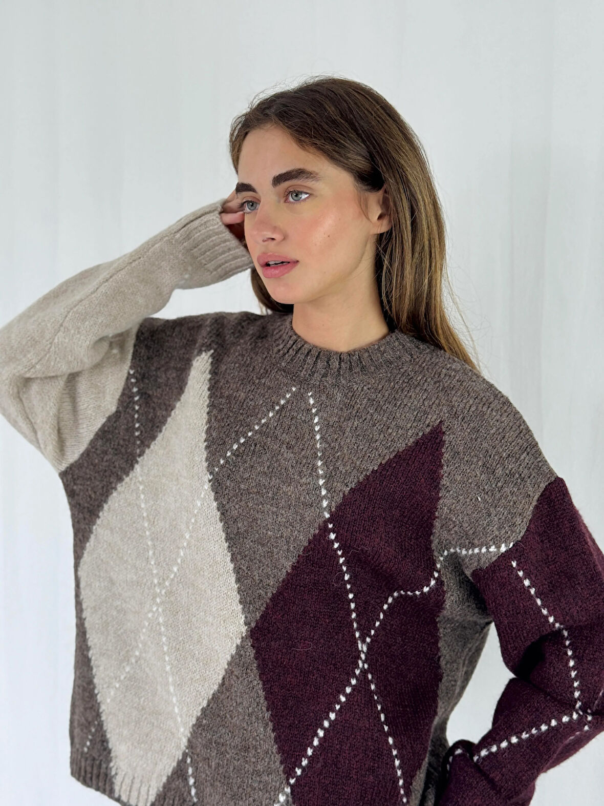 Retrobird Şardonlu Baklava Dilim Triko Kazak Kadın Vizon Bordo