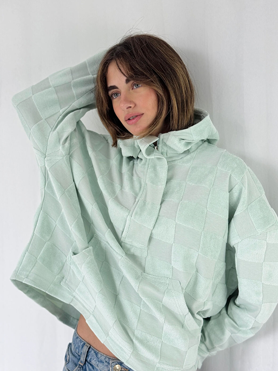 Retrobird Havlu Kabartmalı Oversize Kapüşonlu Sweatshirt Kadın Çağla