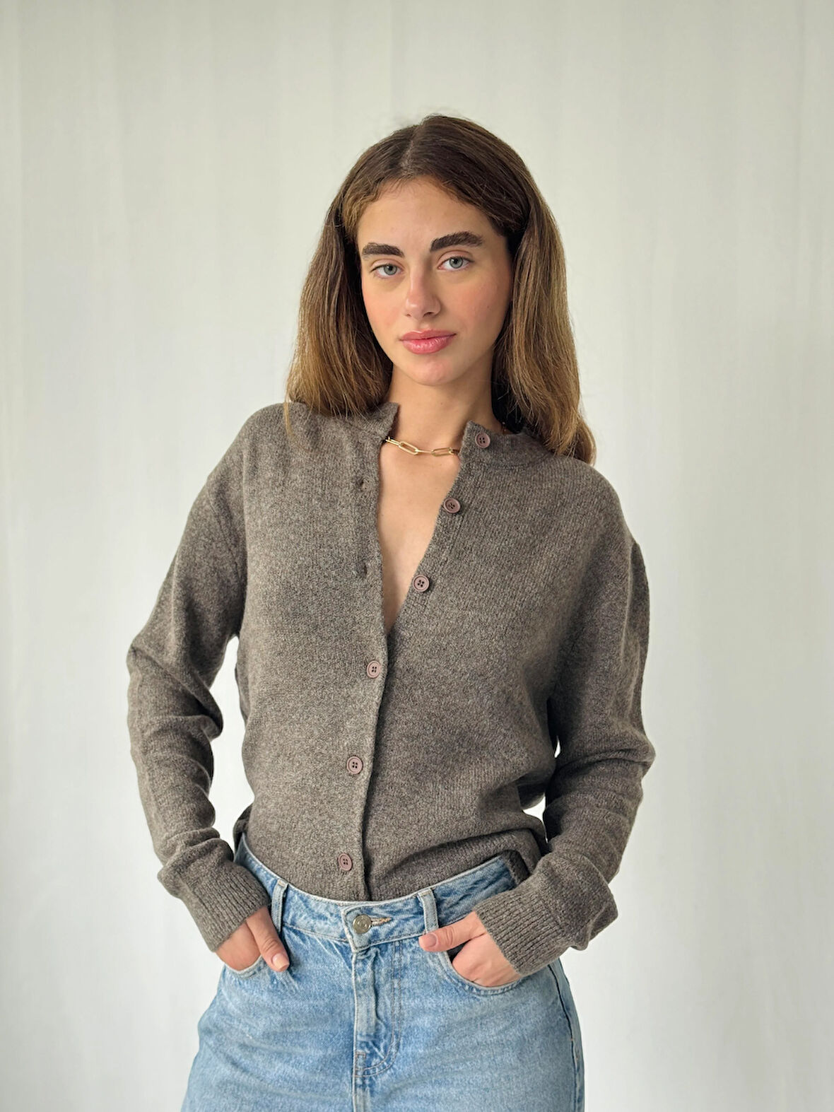 Retrobird Önden Düğmeli Basic Hırka Kadın Vizon