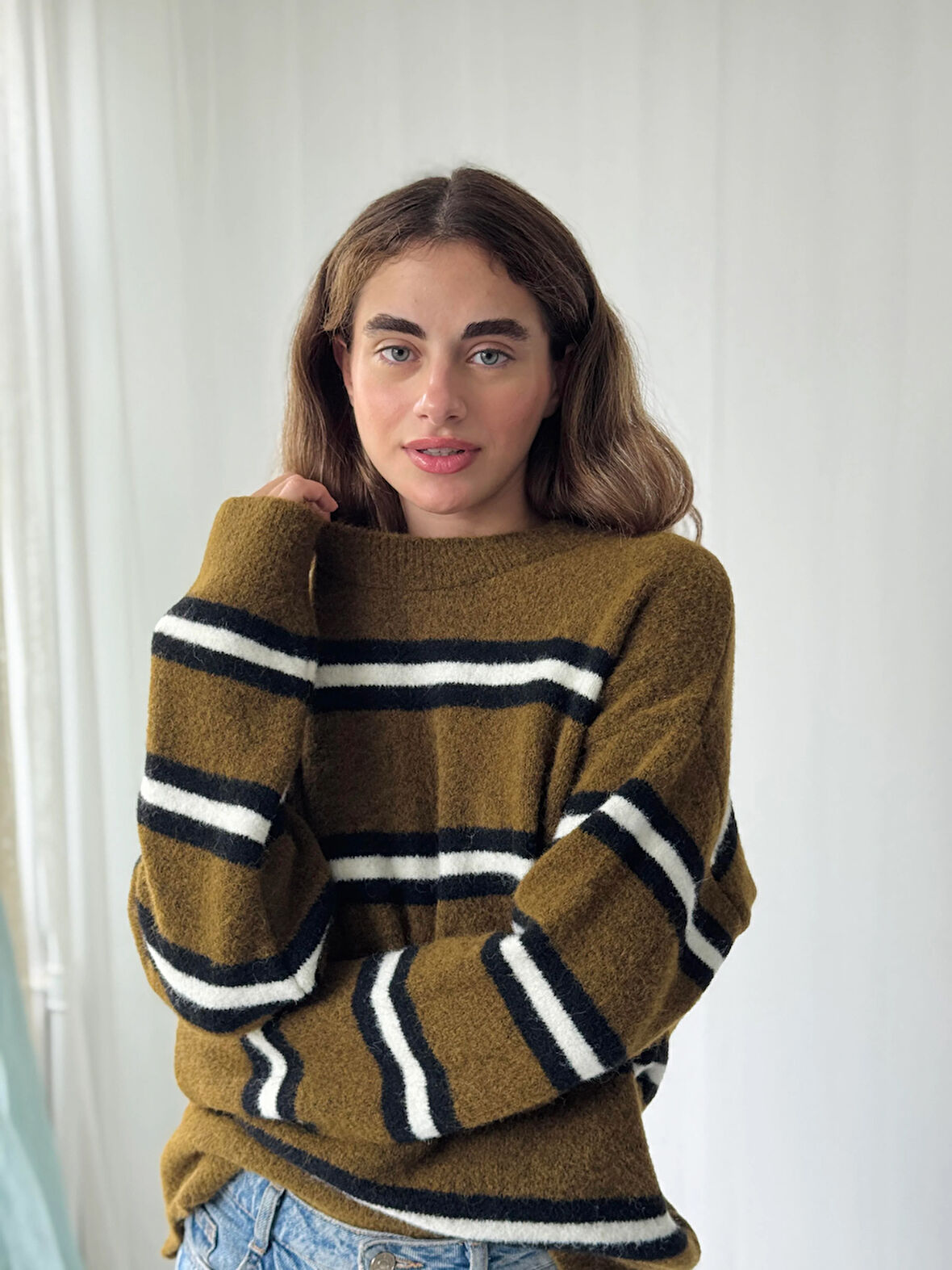 Retrobird Şardonlu Çizgili Triko Kazak Kadın Tütün Rengi