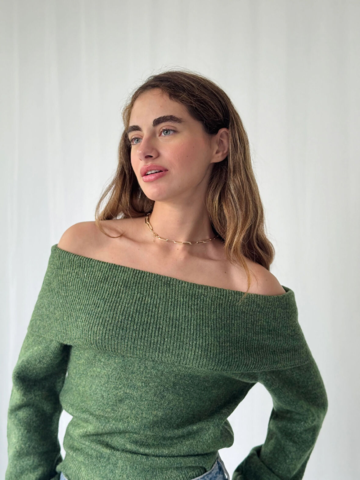 Retrobird Omuz Dekolteli Straplez Katlamalı Triko Kazak Kadın Yeşil