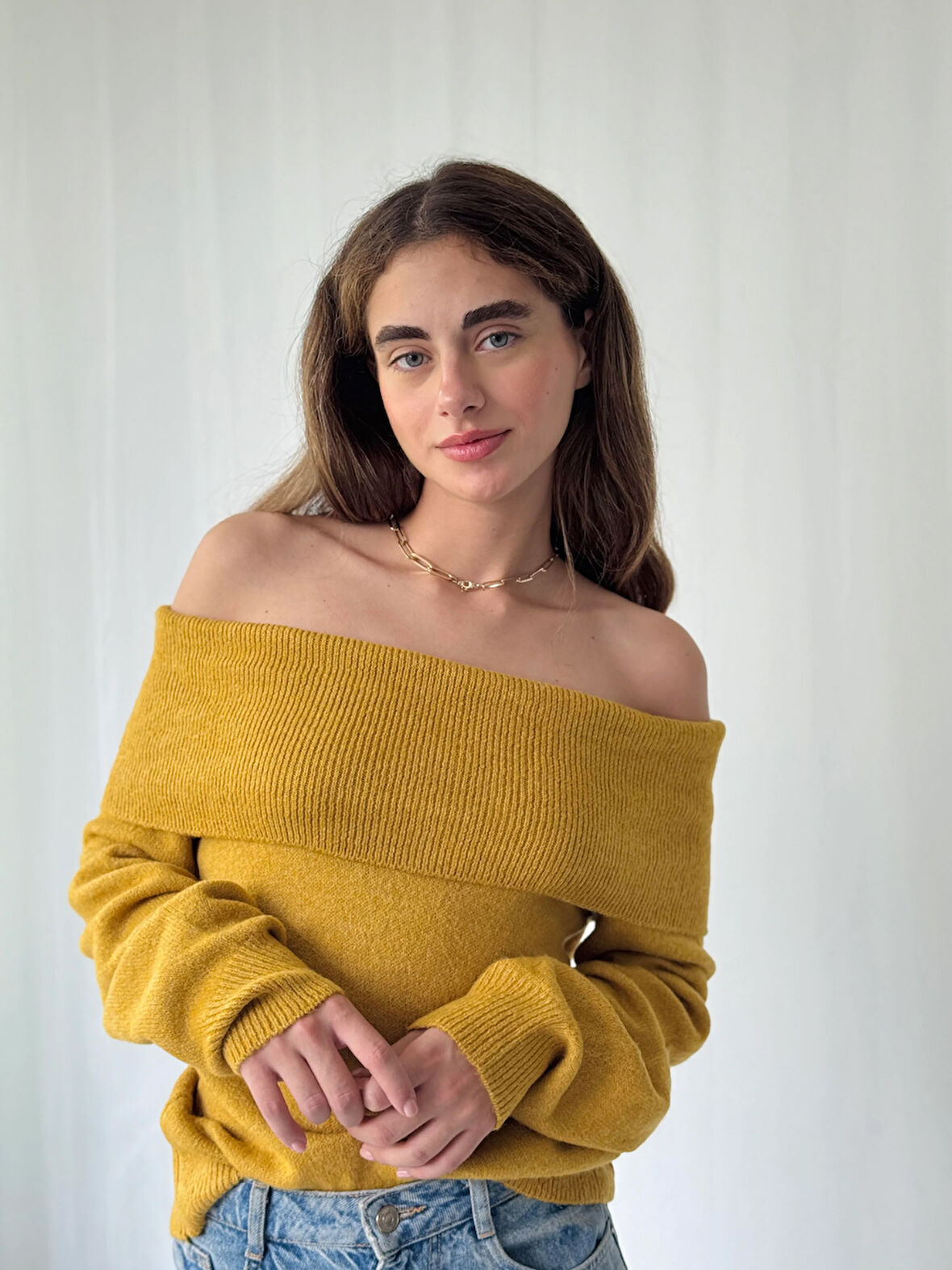 Retrobird Omuz Dekolteli Straplez Katlamalı Triko Kazak Kadın Hardal