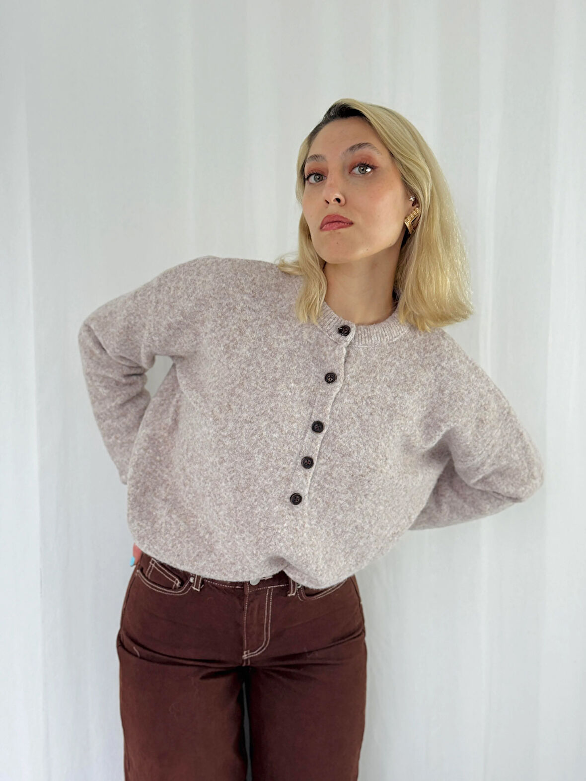 Retrobird Şardonlu Önden Düğmeli Triko Kazak Kum Renkli