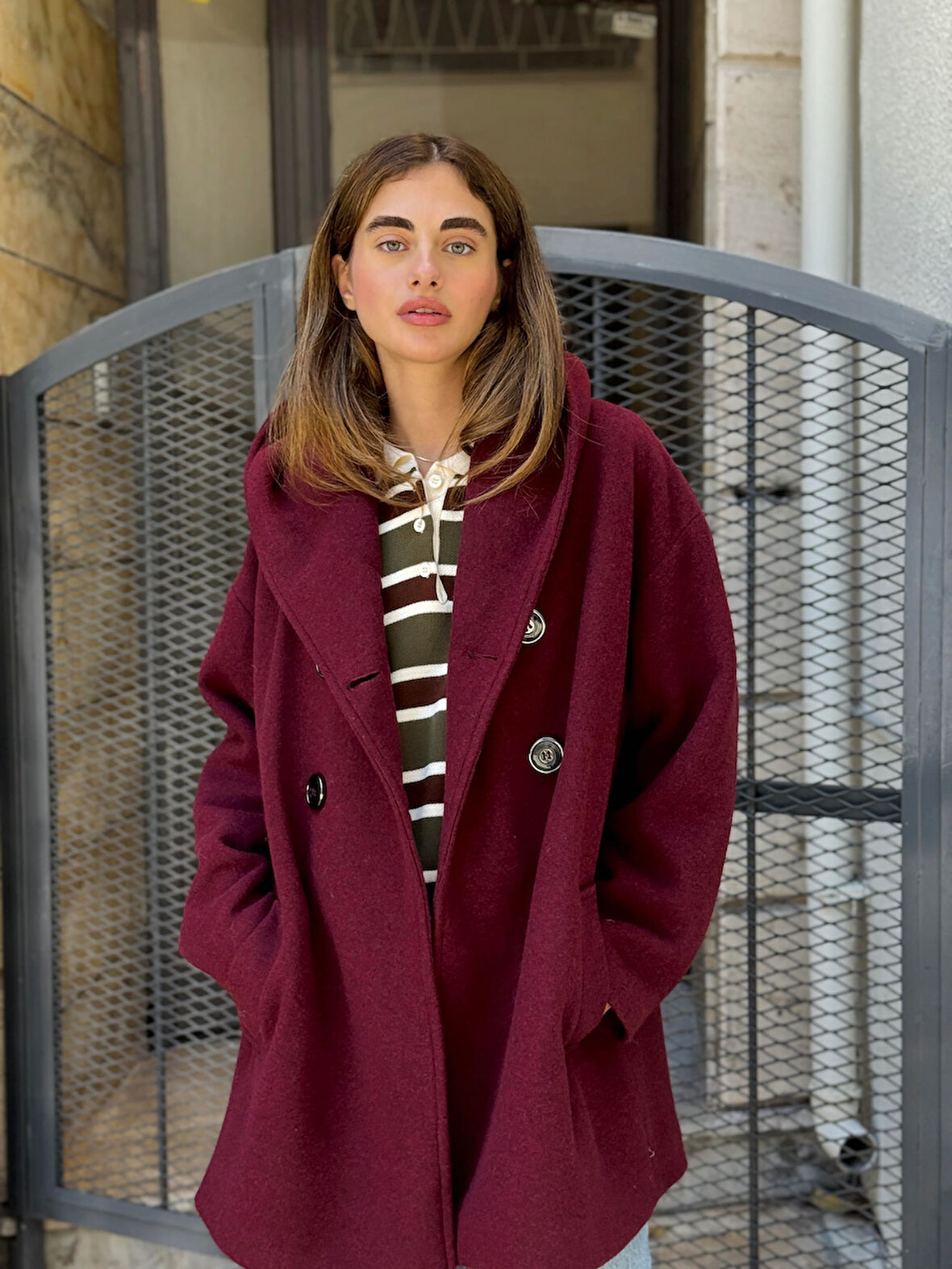 Retrobird Urban Retro Kapüşonlu Oversize Ceket Kaban Kadın Bordo