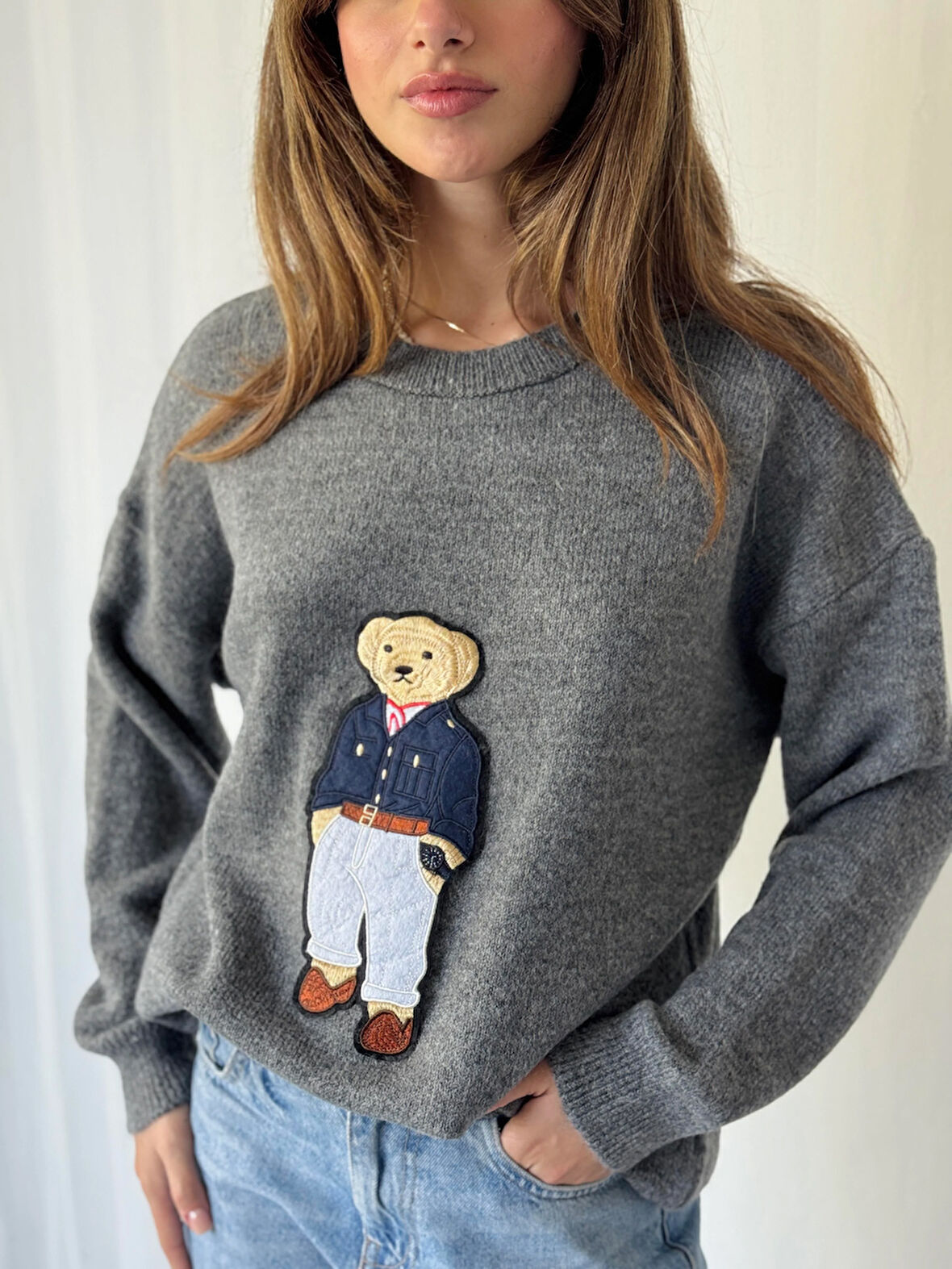 Retrobird Teddy Bear Kabartmalı Triko Kazak Kadın Gri