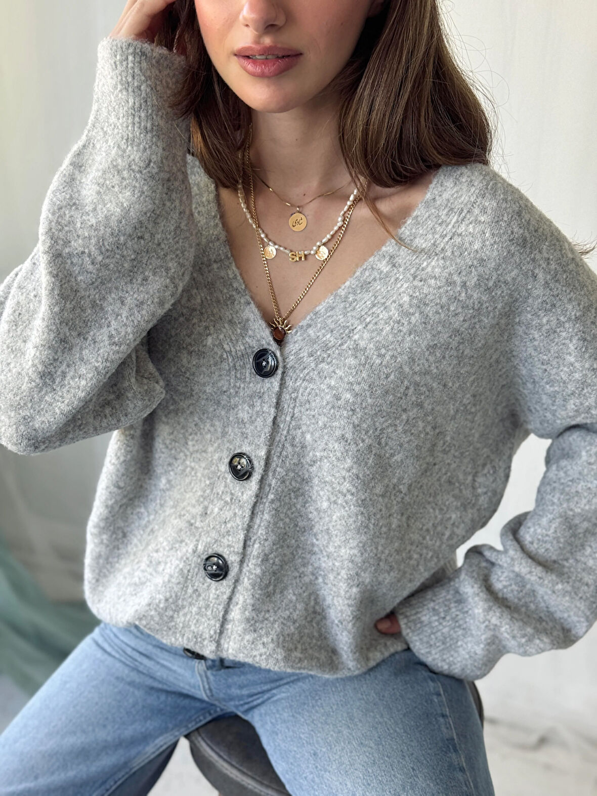 Retrobird Önden Düğmeli Basic Şardonlu Hırka Kadın Açık Gri