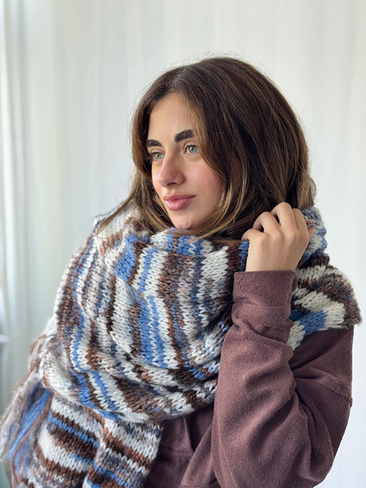 Retrobird Büyük Boy Soft Örgü Atkı Kadın Mavi Kahve