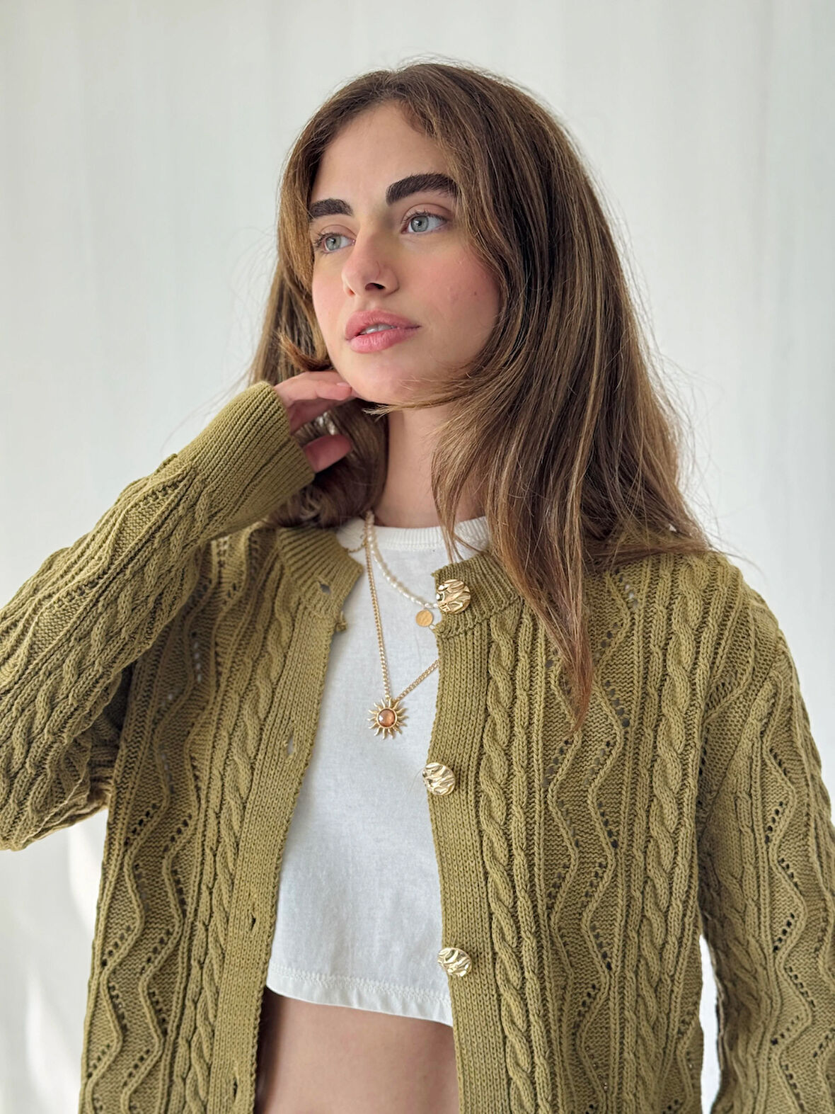 Retrobird Gold Düğmeli Ajurlu Hırka Kadın Olive