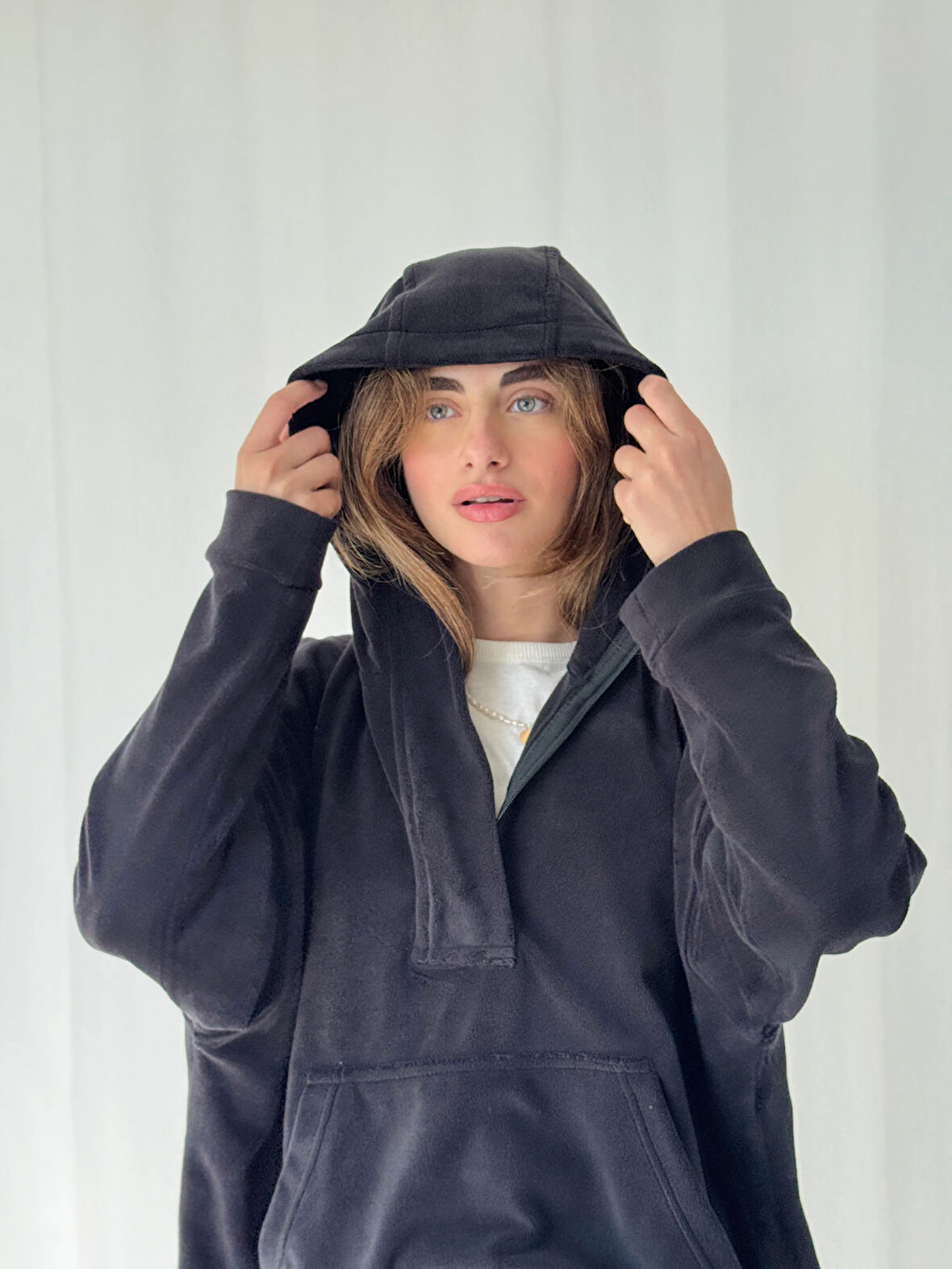 Retrobird Polar Kumaş Oversize Kapüşonlu Sweatshirt Kadın Siyah