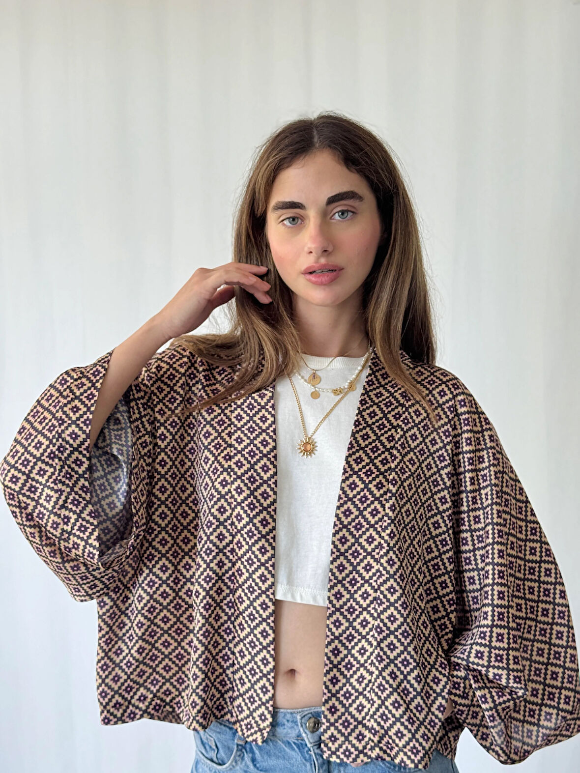 YENİ Tasarım Boho Desen Mini Kimono Kadın Buğday