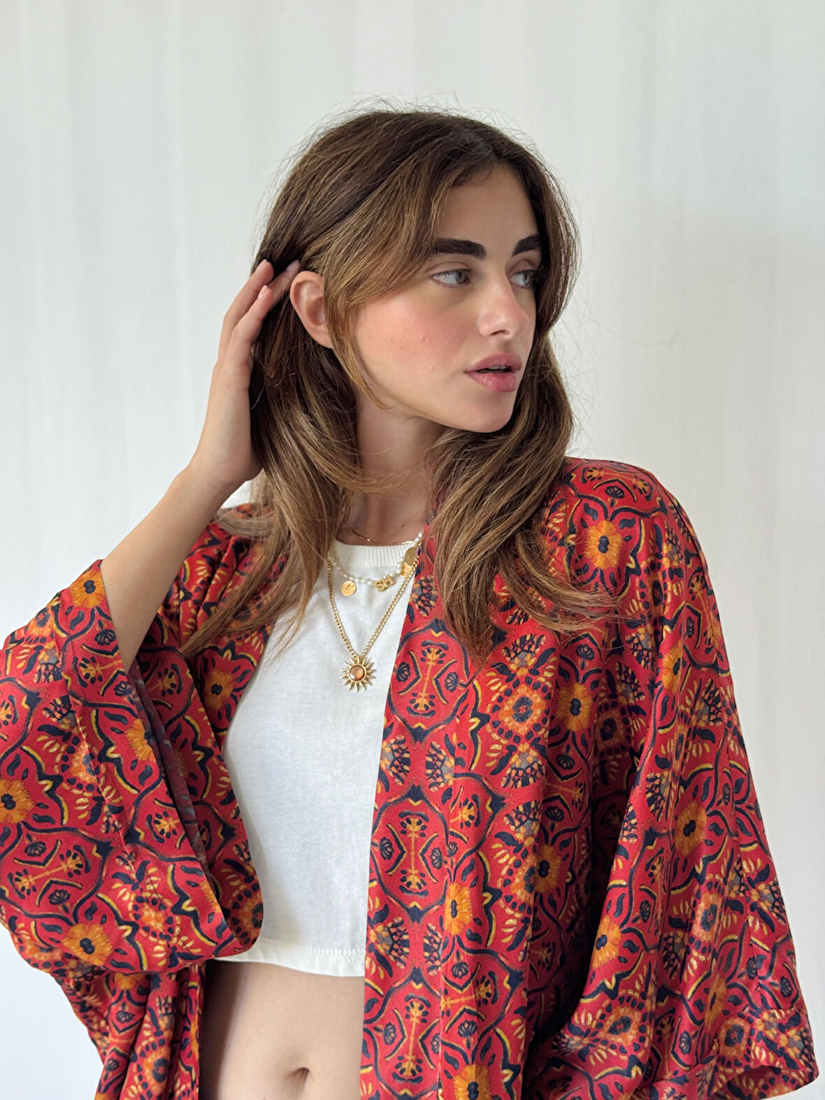 YENİ Tasarım Boho Desen Mini Kimono Kadın Koyu Kiremit
