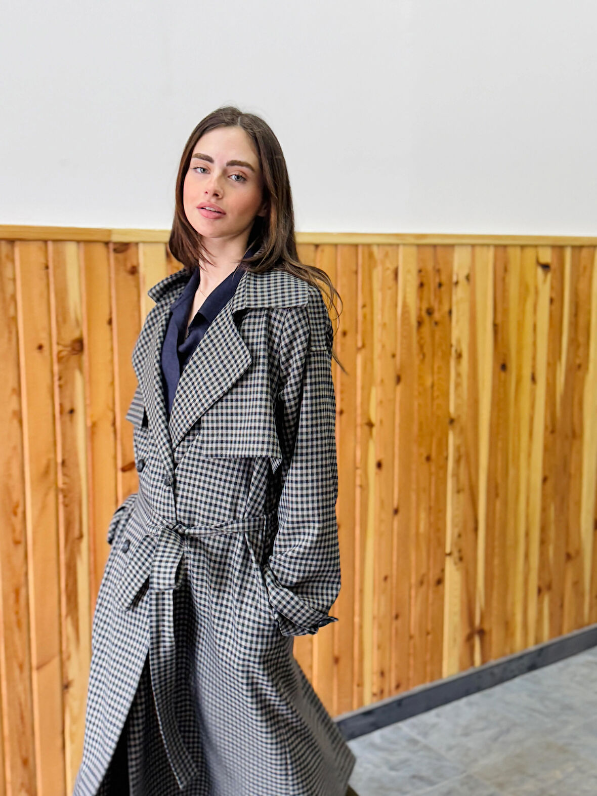 Retrobird Tasarım İngiliz Pelerin Model Trenchcoat Ceket Kadın Piti Kareli