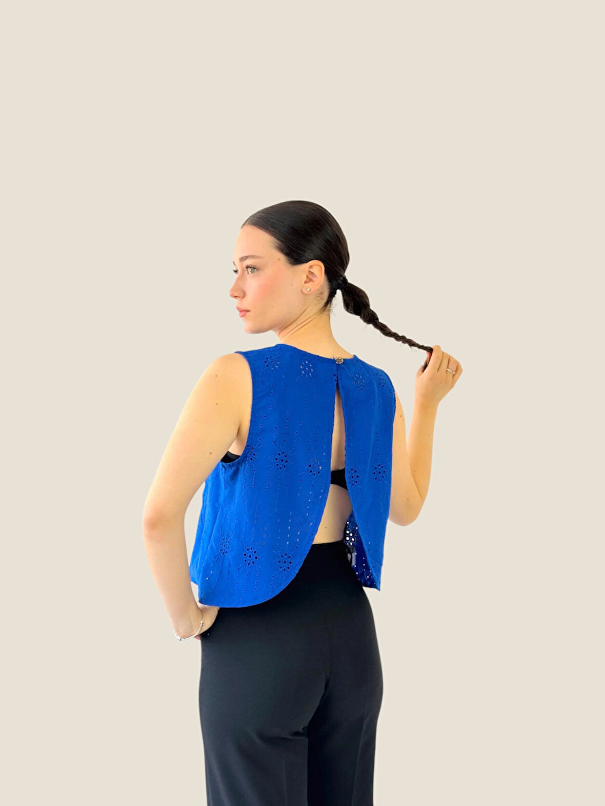 Retrobird Sırtı Açık Kısa Üst Kadın Saks Mavi