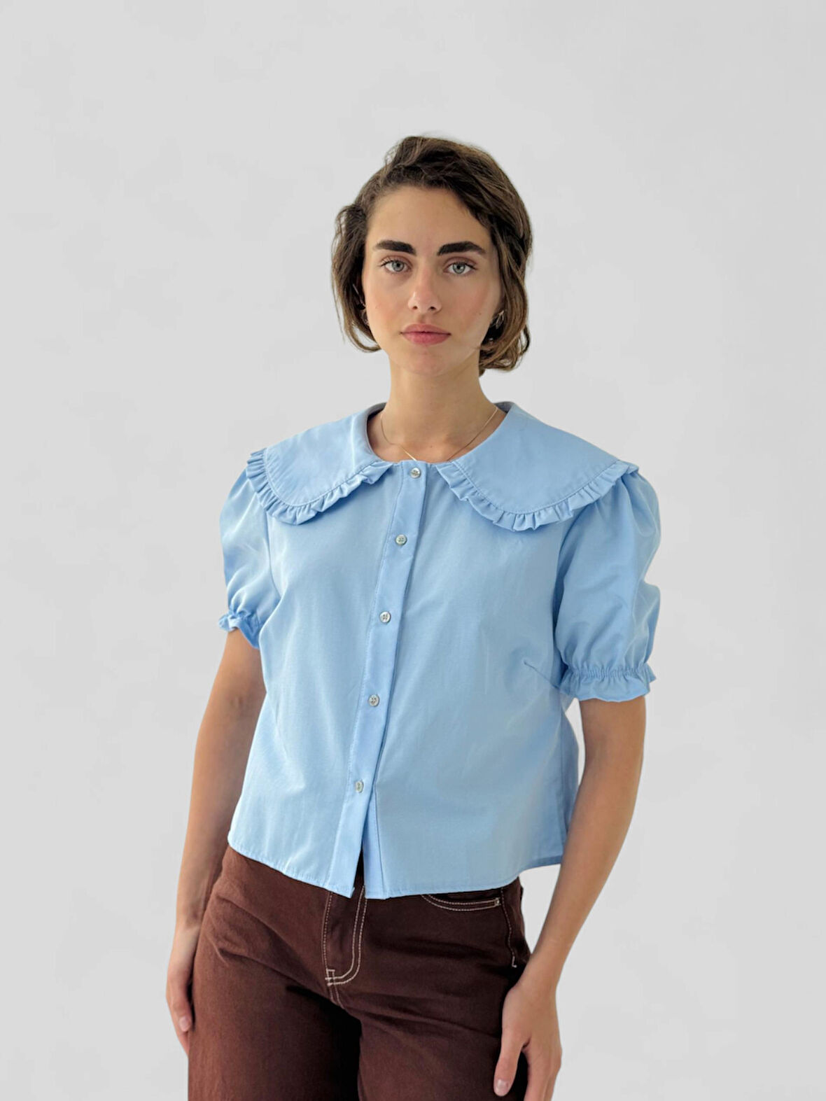 Retrobird Tasarım Bebe Yaka Hafif Karpuz Kol Gömlek Kadın Mavi