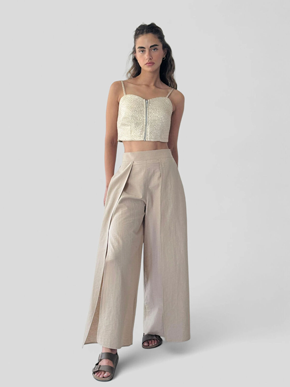 Retrobird Yırtmaç Detaylı Wide-Leg Pantolon Etek Kadın Vizon