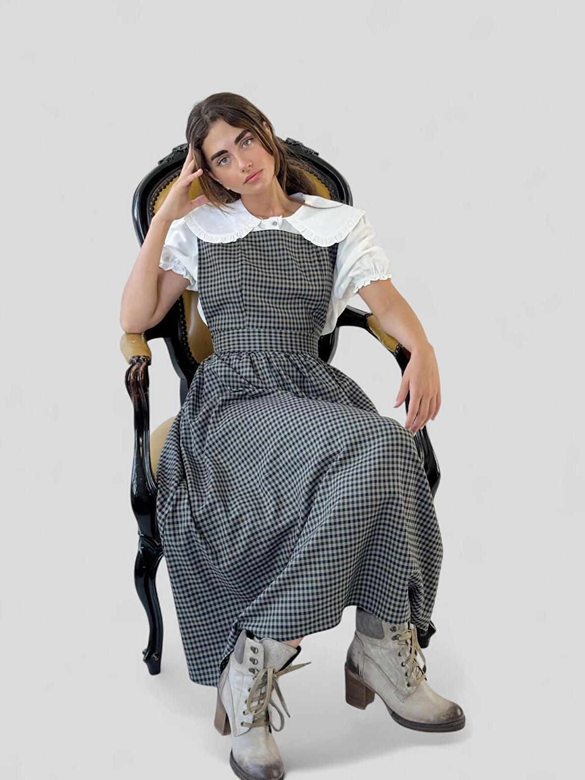 Retrobird Mandy Uzun Midi Boy Jile Elbise Kadın Piti Kareli