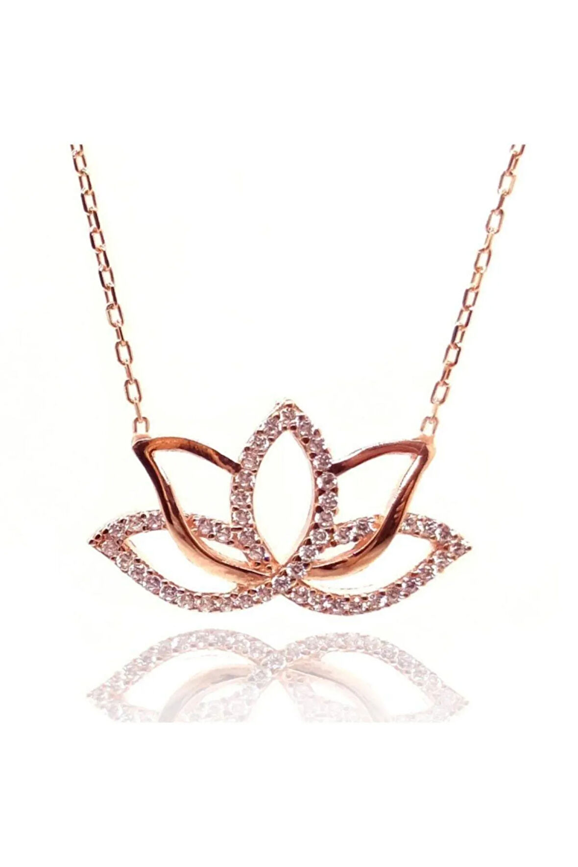 Bayan 925 Ayar Gümüş Roze Zirkon Taşlı Lotus Kolye Gklroslotus