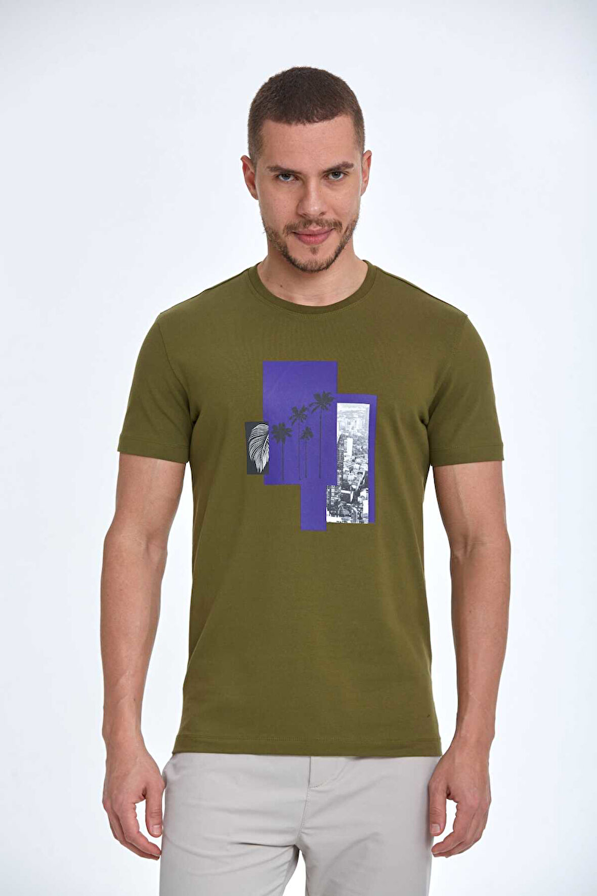 Alma Baskılı Erkek Tişört Haki