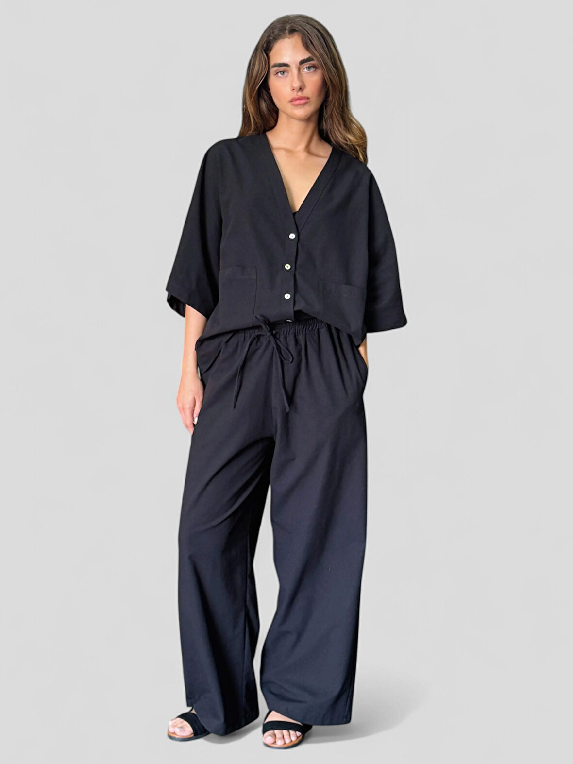 Retrobird Tasarım Keten Pantolon Kadın Siyah