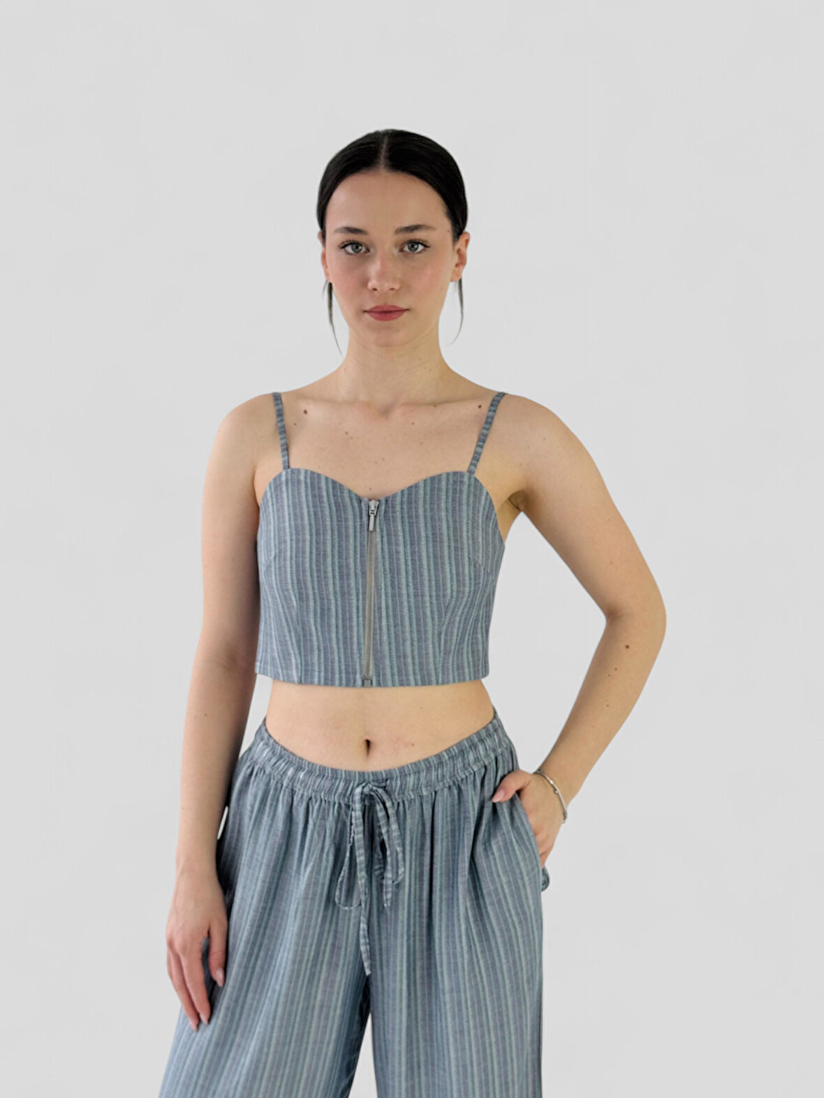 Retrobird Tasarım Önden Fermuarlı Büstiyer Kadın Kül Mavi