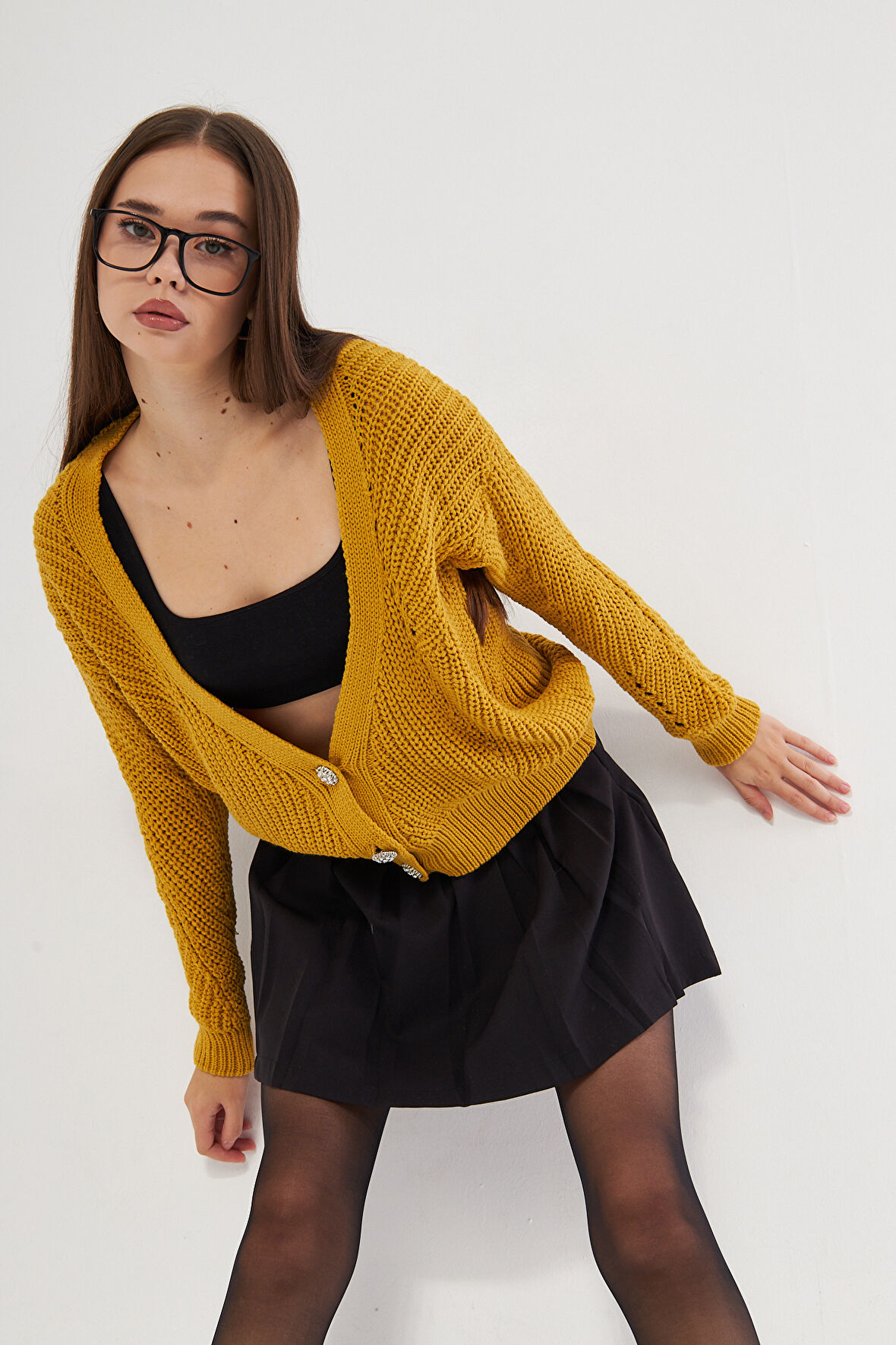 Hardal Basic V Yaka Oversize Triko Hırka