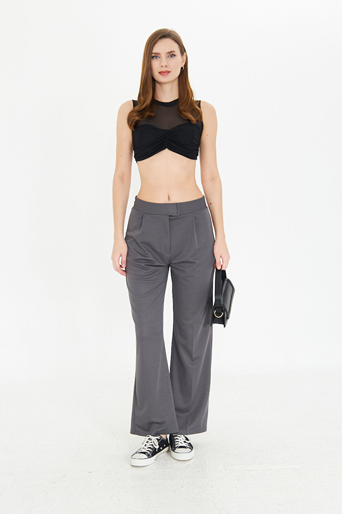 Koyu Gri  Wide Leg Geniş Paça Çırt Çırt Kapamalı  Pile Detaylı Yüksek Bel Dokuma Kumaş Pantolon