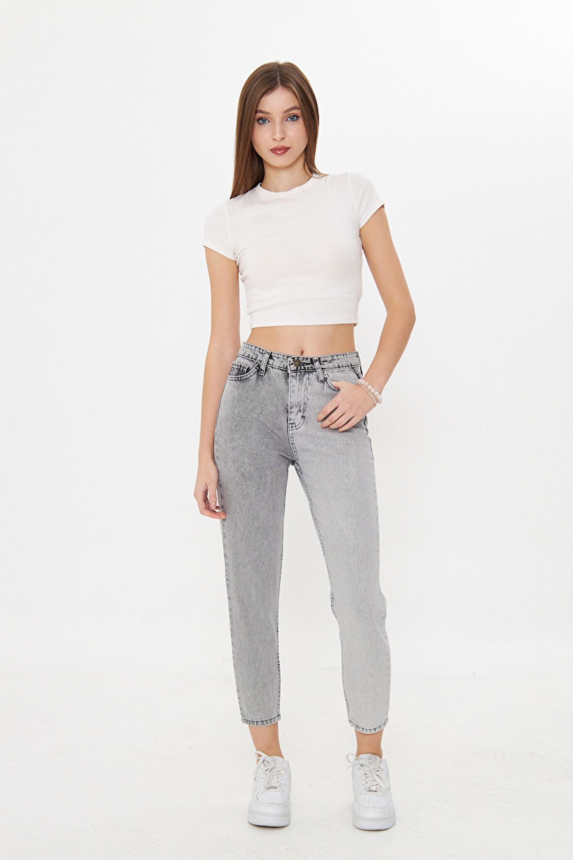 Antirist açık gri İki Renkli Yüksek Bel Mom Jeans