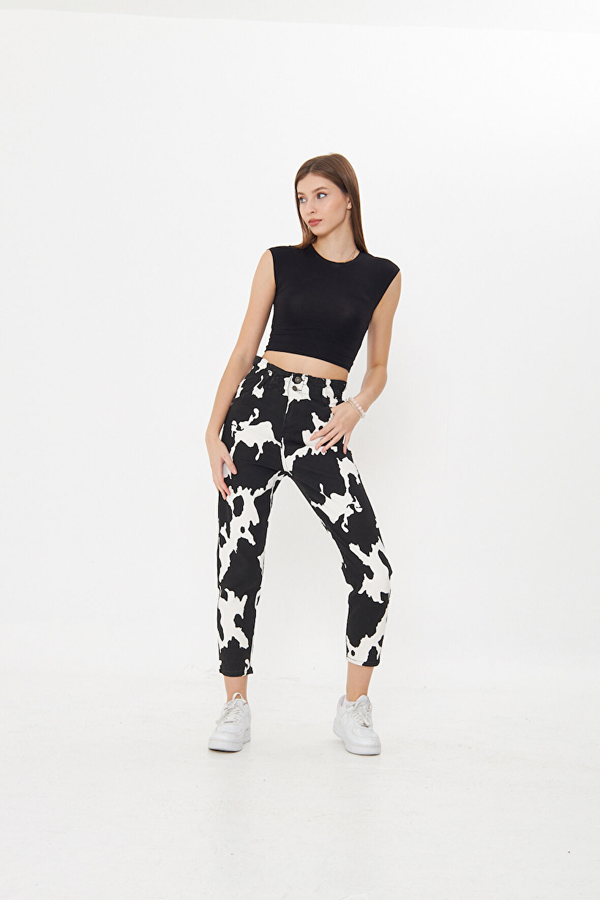 Dalmaçya Desenli Yüksek Bel Mom Jeans