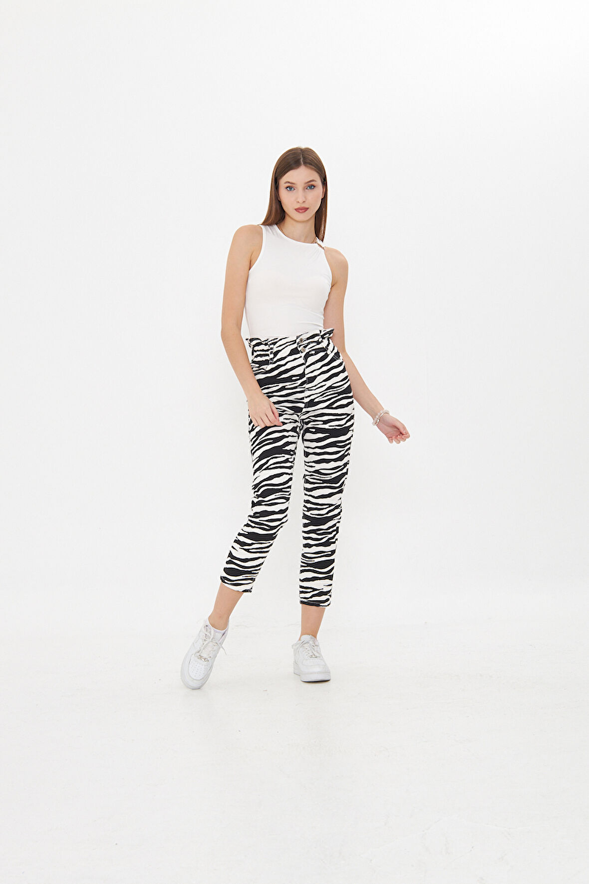 Zebra Desenli Yüksek Bel Mom Jeans