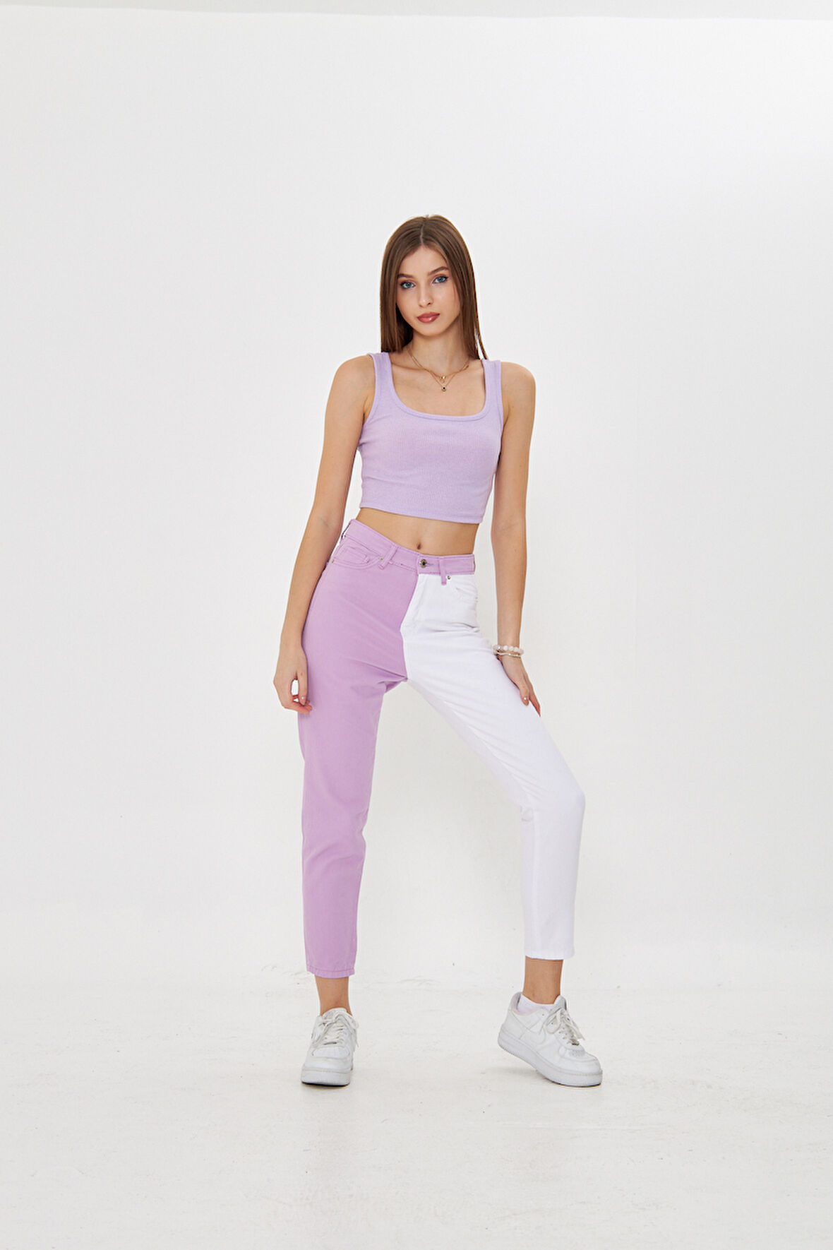 Lila  Beyaz İki Renkli Yüksek Bel Mom Jeans