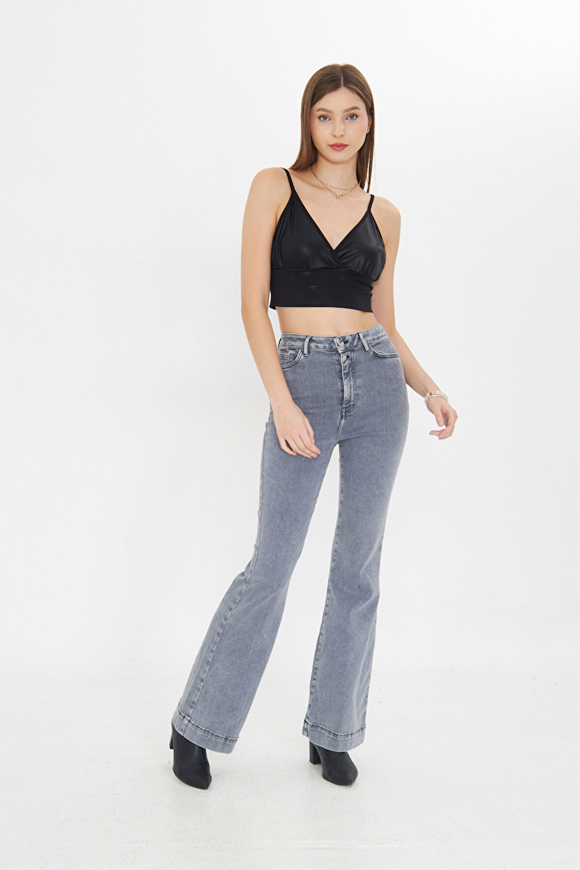 Antrasit ispanyol Yüksek Bel Solmaz Kar Yıkama Kot Pantolon