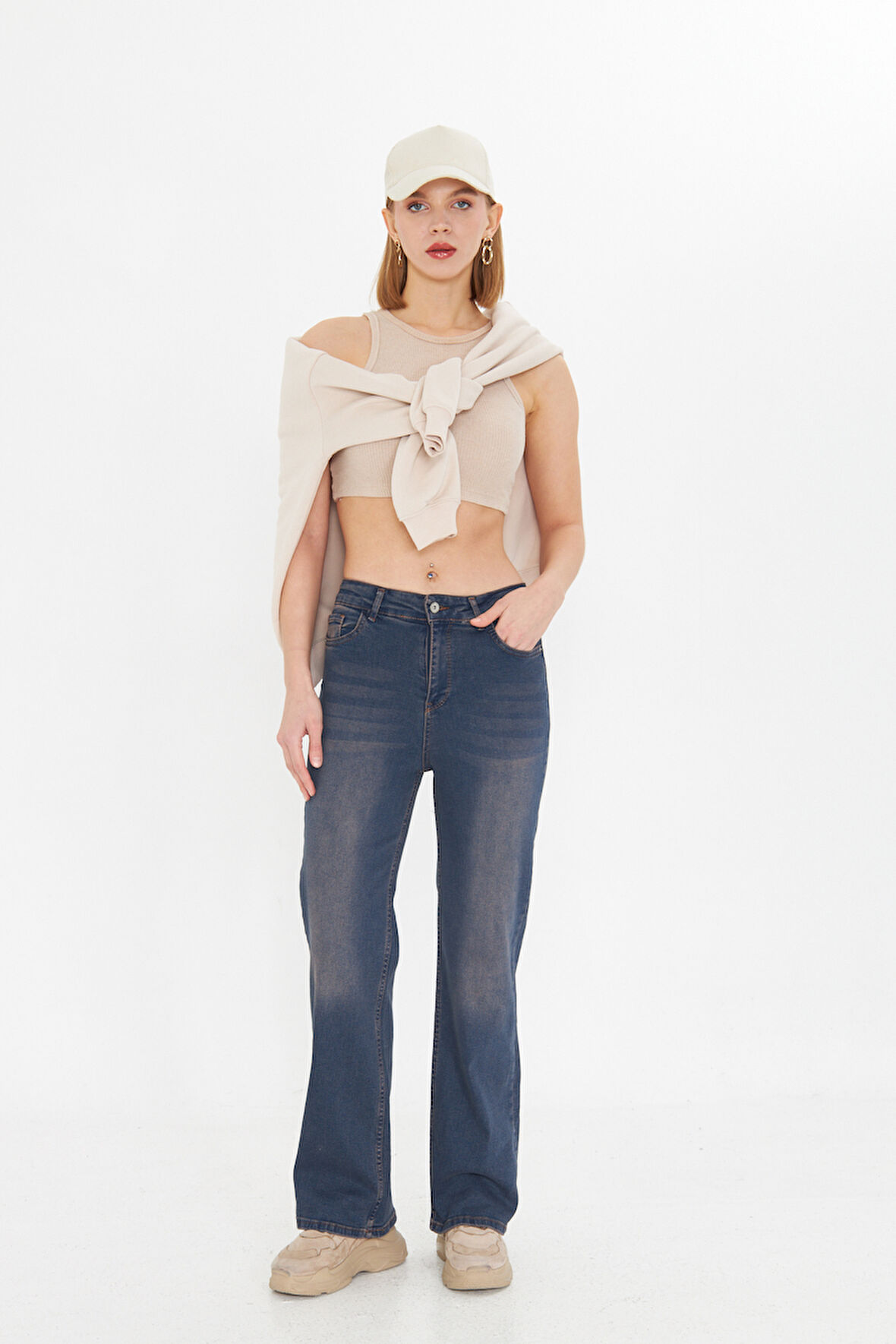 Lacivert Wide Leg Yüksek Bel Uzun Jean Yıkamalı Pantolon