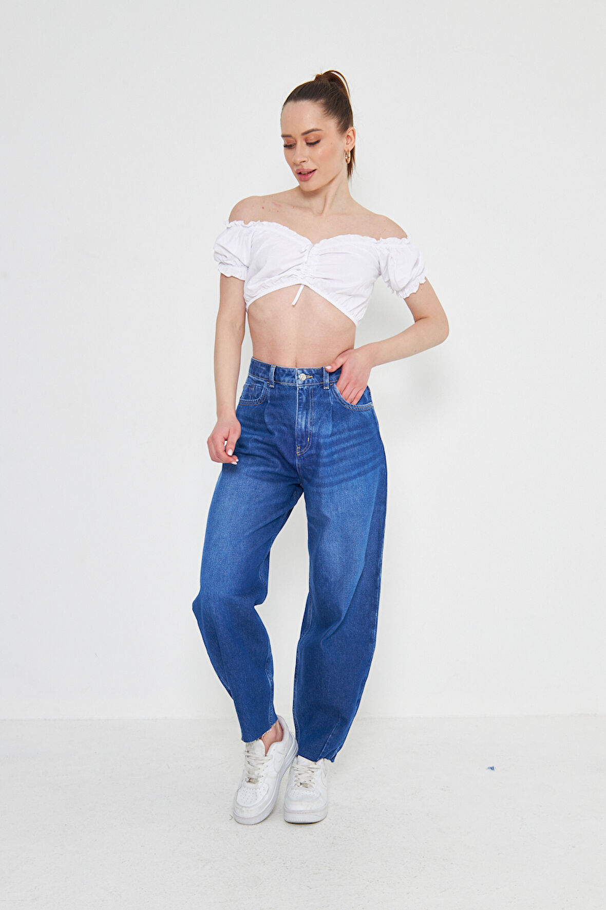 Mavi Bol Kesim Yüksek Bel Balloon Fit Baggy Jean Kot Salaş Kadın Pantolon