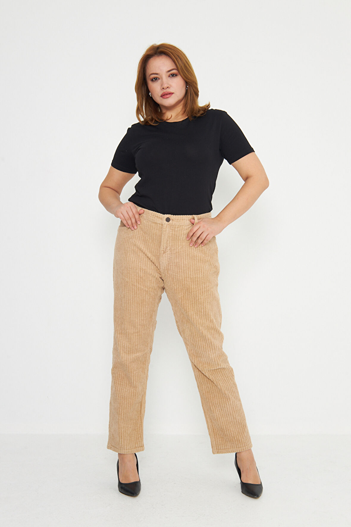 Sütlü Kahve Renk Genç Büyük Beden Kalın Fitilli Kadife Kumaş Pantolon