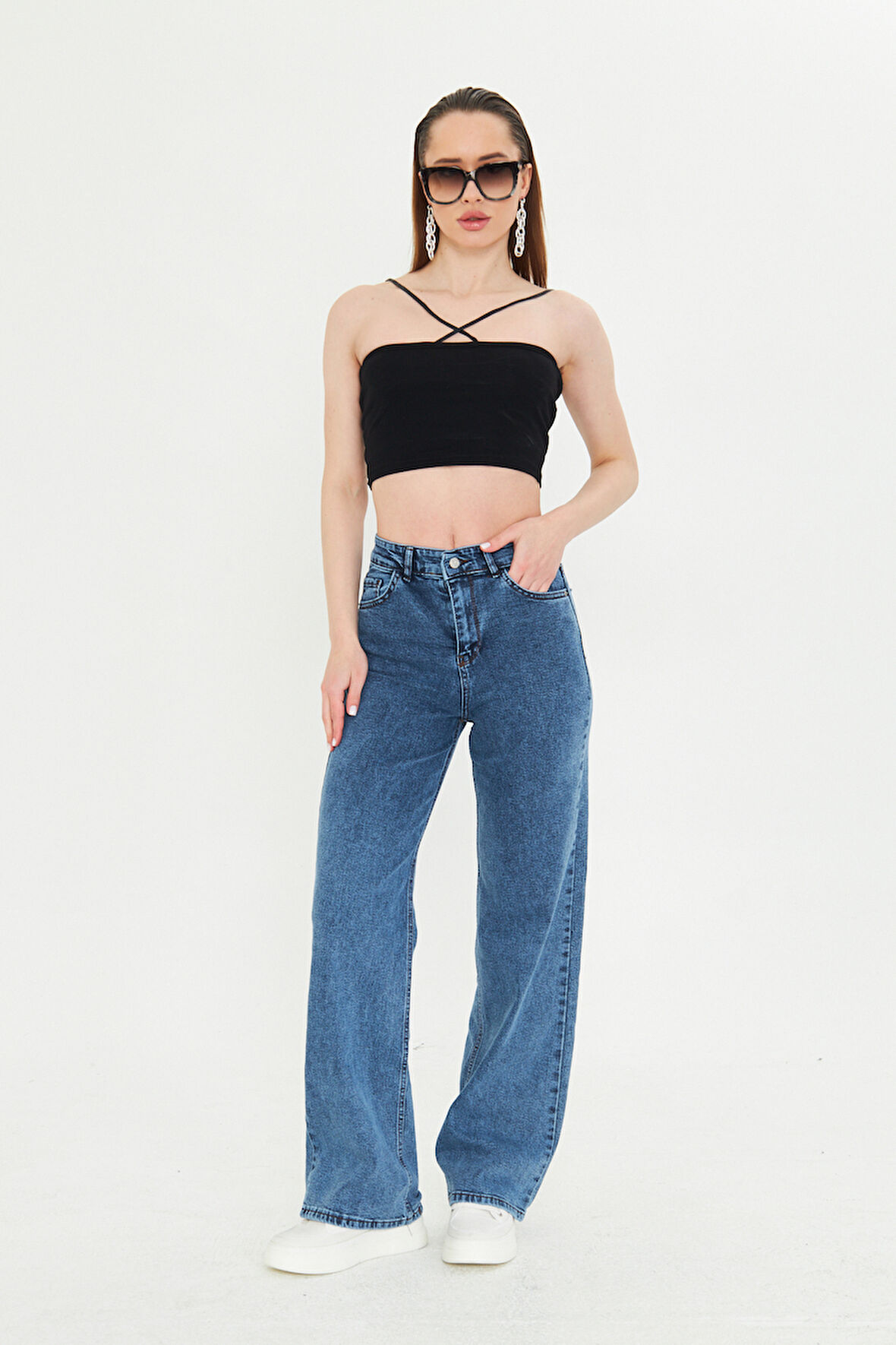 Koyu Mavi Yüksek Bel Likralı Kadın Palazzo Jean Kot Pantolon